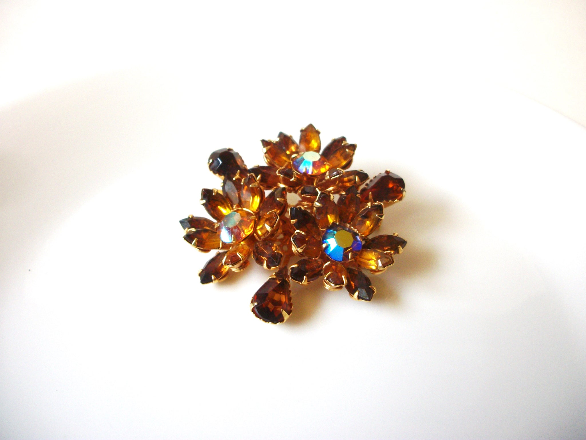 Vintage 1950s Amber Rhinestone Brooch 72120