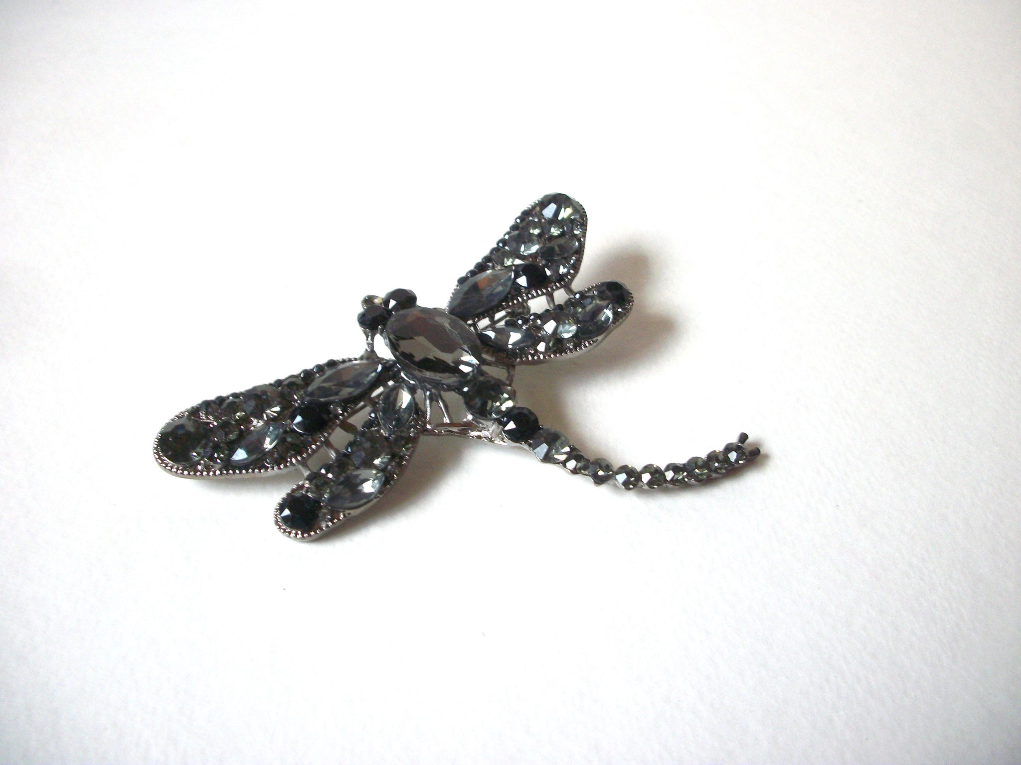 Large Vintage Black Gray Dragonfly Rhinestones Brooch 72320