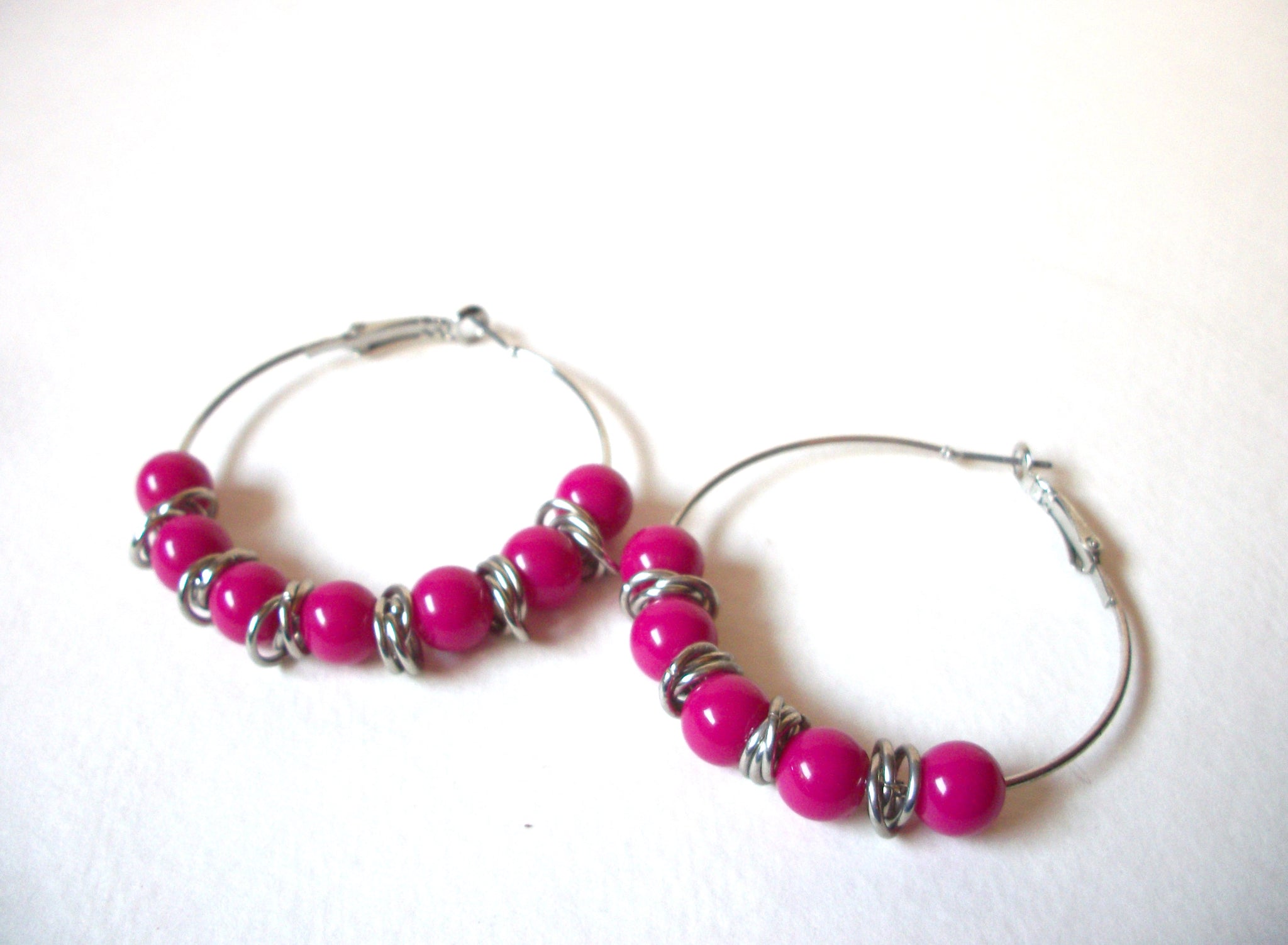 Retro Silver Fuchsia Pink Hoop Earrings 72520