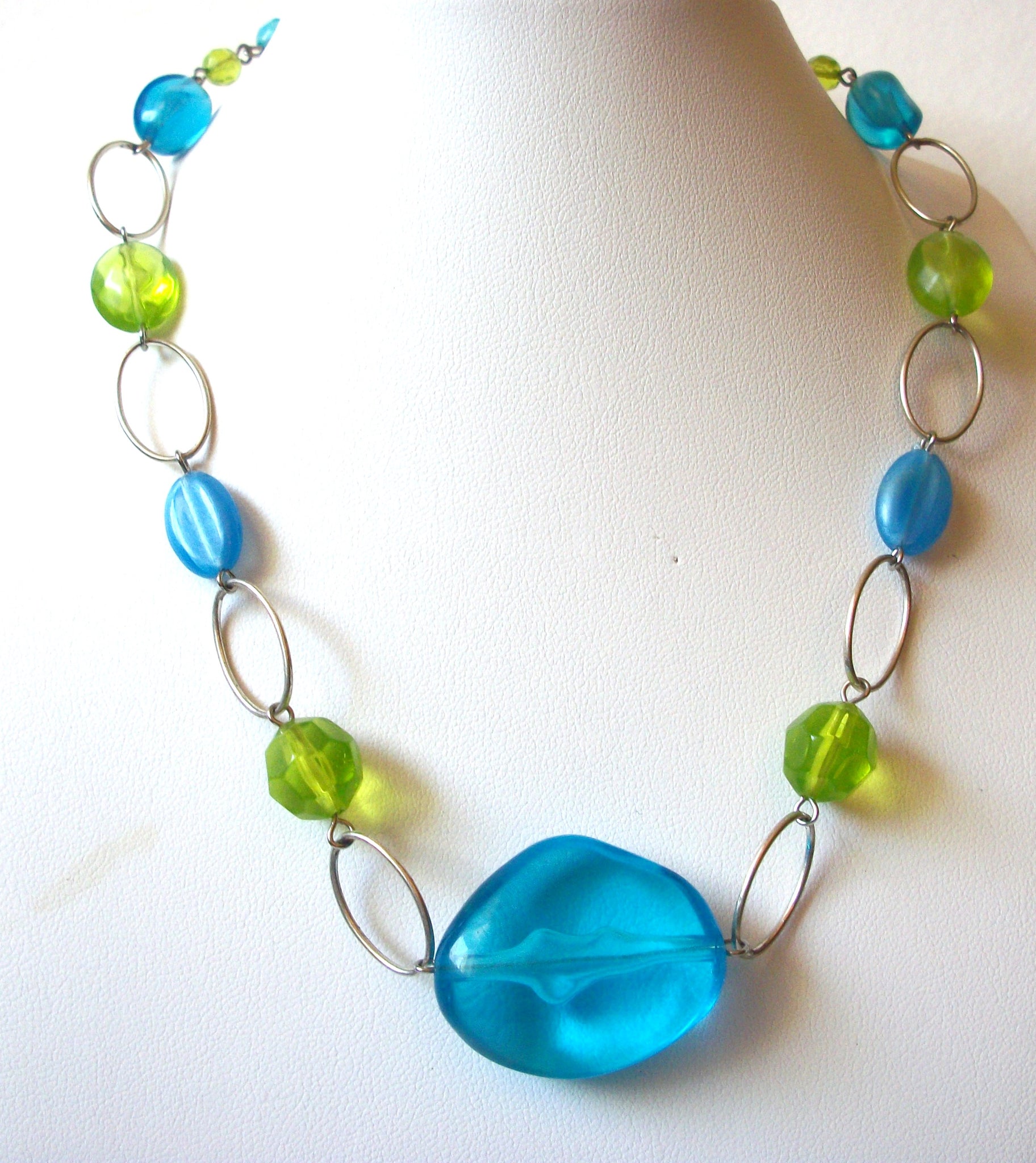 Vintage Blue Green Old Plastic Beads Necklace 72520