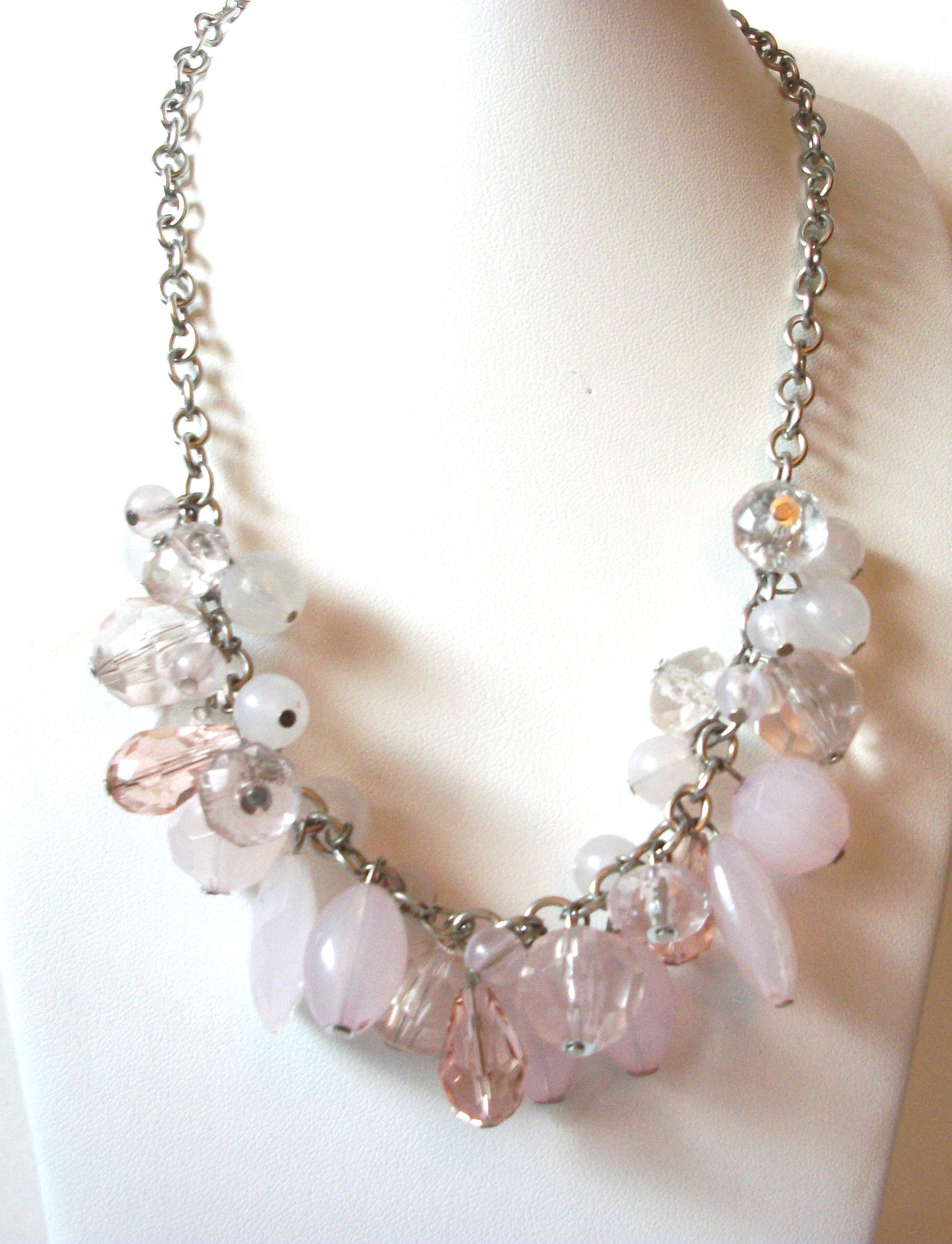 Vintage Pale Pink Cloudy White Cluster Necklace 72820