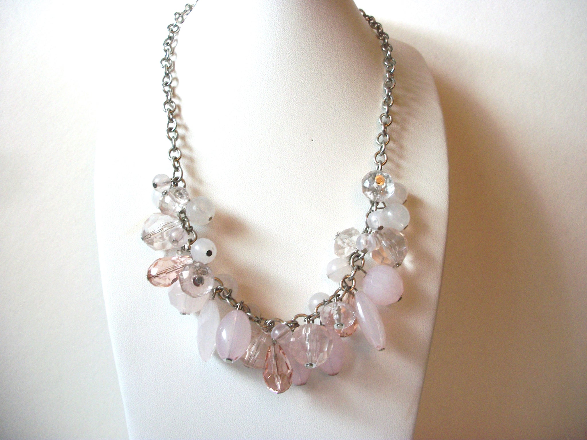 Vintage Pale Pink Cloudy White Cluster Necklace 72820