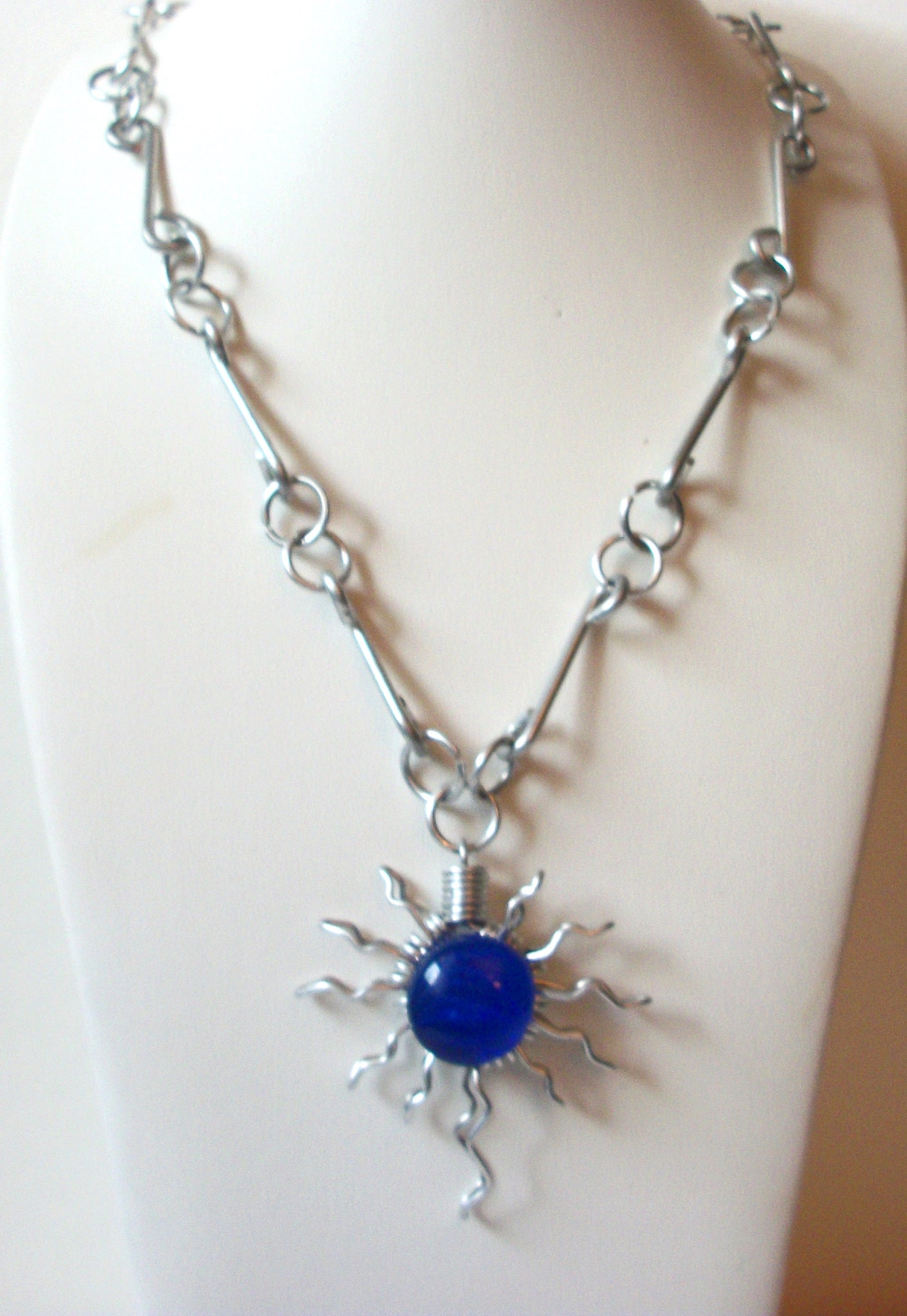 Hand Made Silver Blue Sun Symbol Necklace 72820