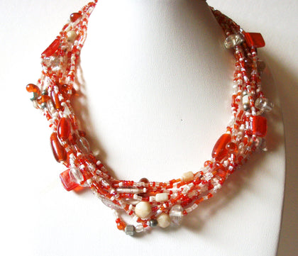 Vintage Orange White Glass Necklace 80220