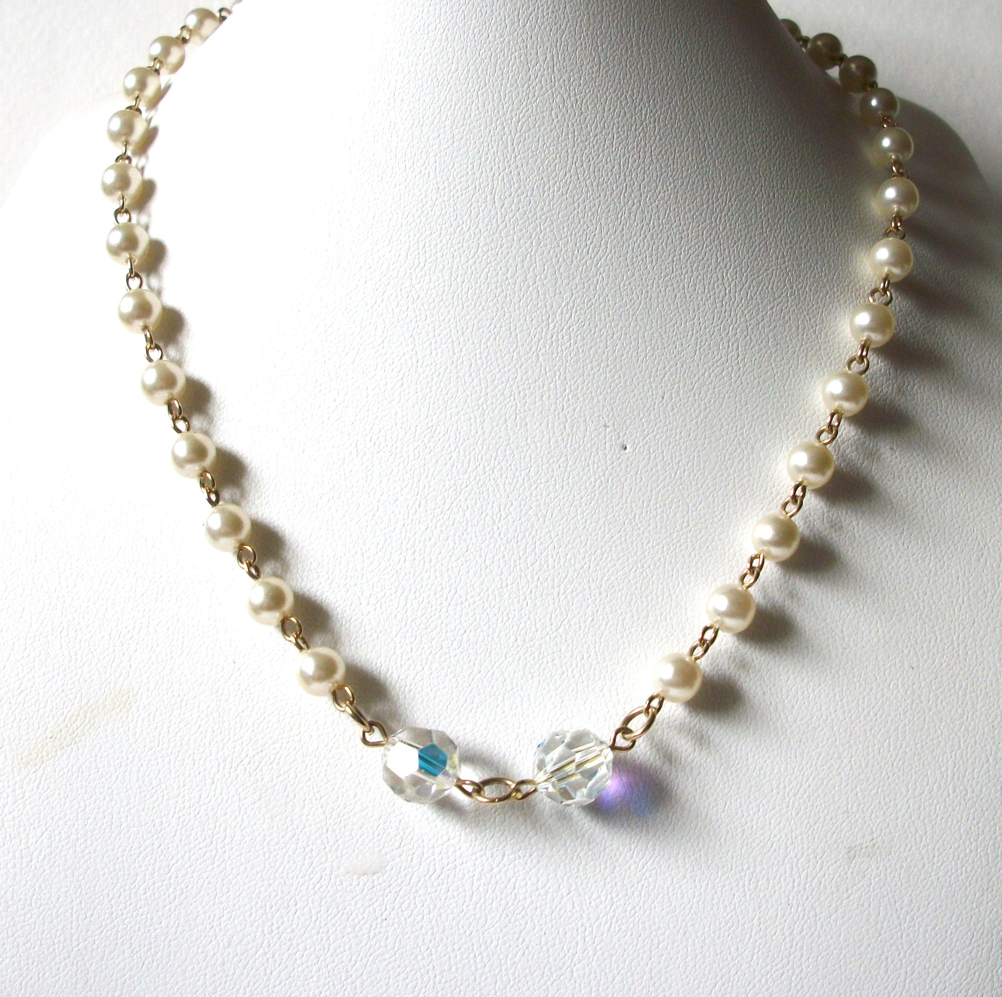 Vintage Glass Pearl AB Crystal Necklace 80620