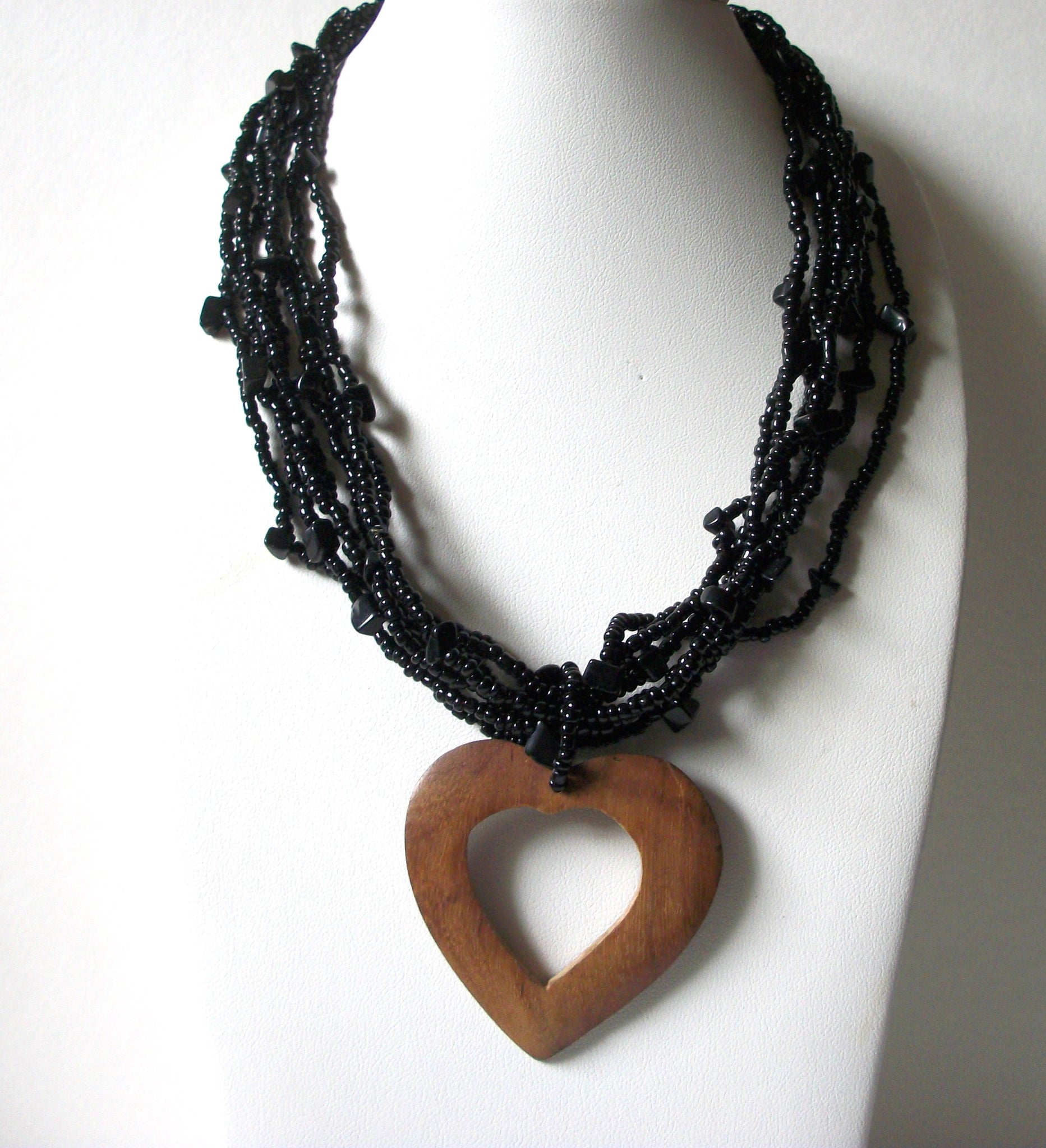 Vintage Glass Wood Heart Necklace 80520