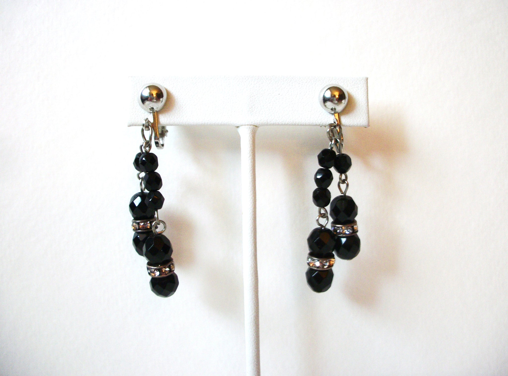 Vintage Black Glass Rhinestone Earrings 80920