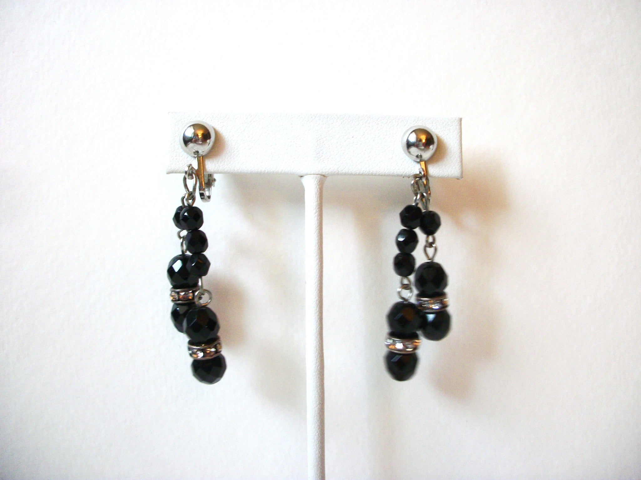 Vintage Black Glass Rhinestone Earrings 80920