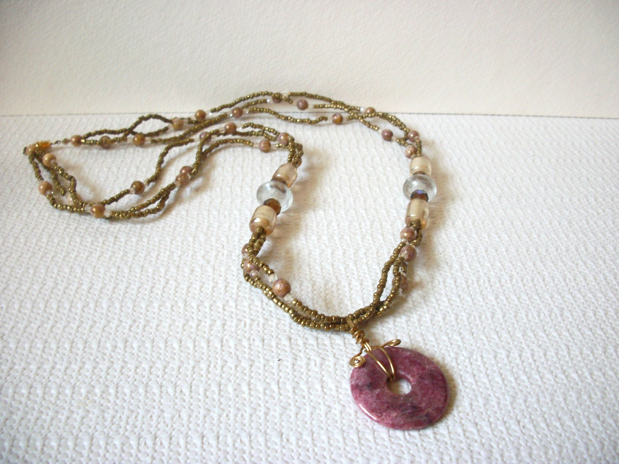 Vintage Pink Jasper Glass Necklace 81920