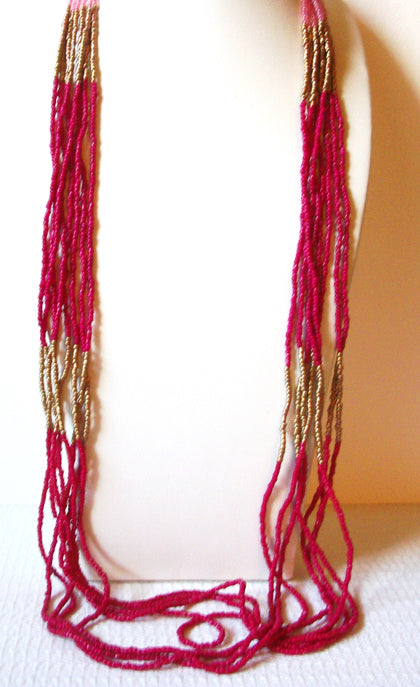 Vintage Glass Beads Fuchsia Pink Gold Necklace 82220
