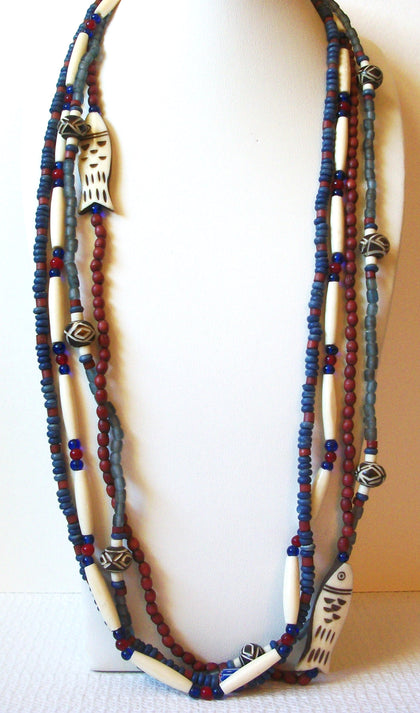 Peruvian Clay Bone Horn Fish Necklace 82320