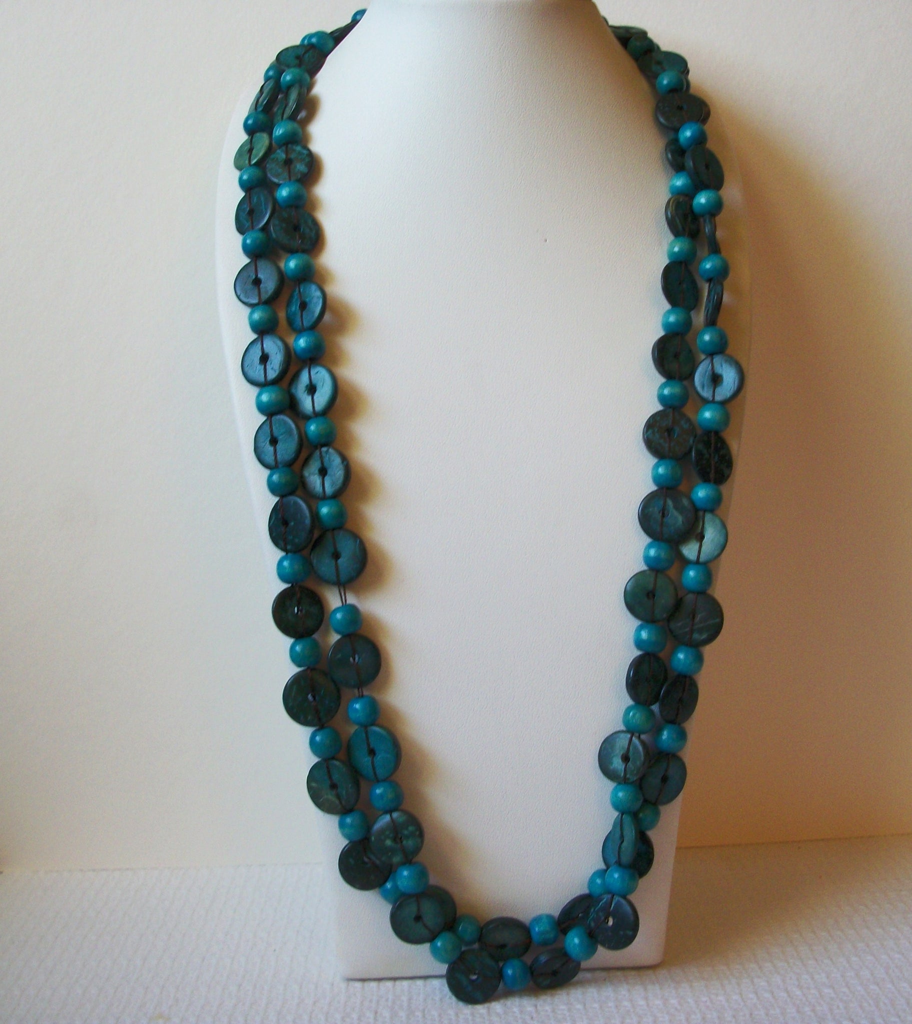 Retro Teal Blue Green Wood Necklace Earrings Set 82420