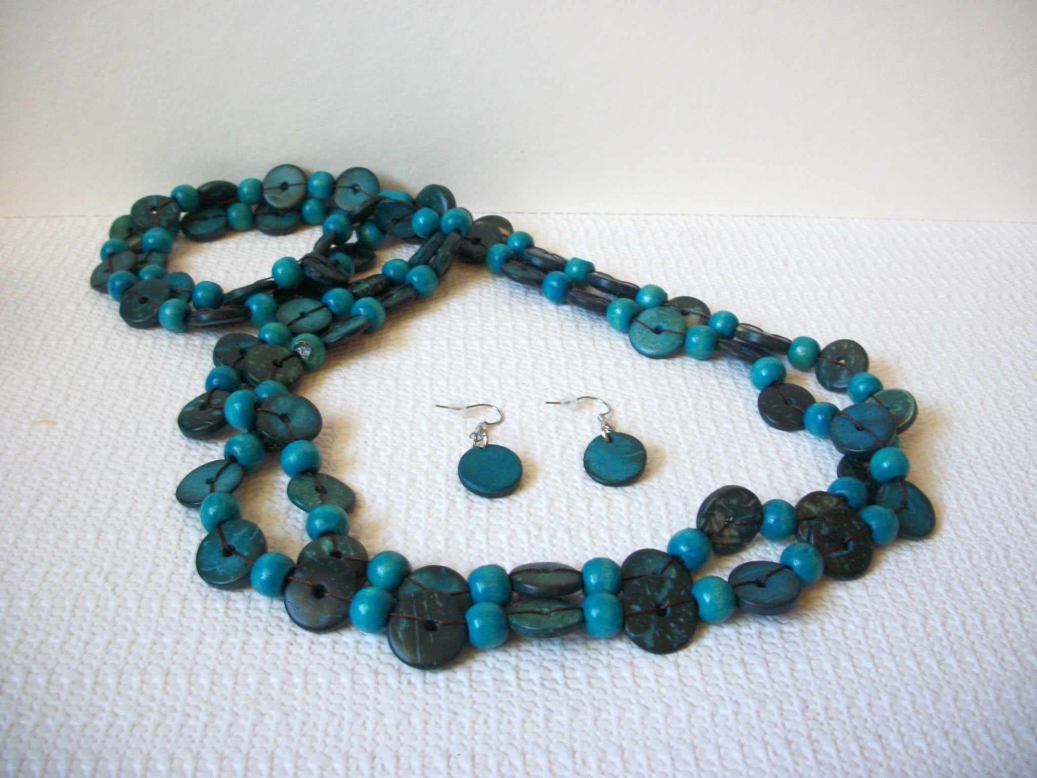 Retro Teal Blue Green Wood Necklace Earrings Set 82420