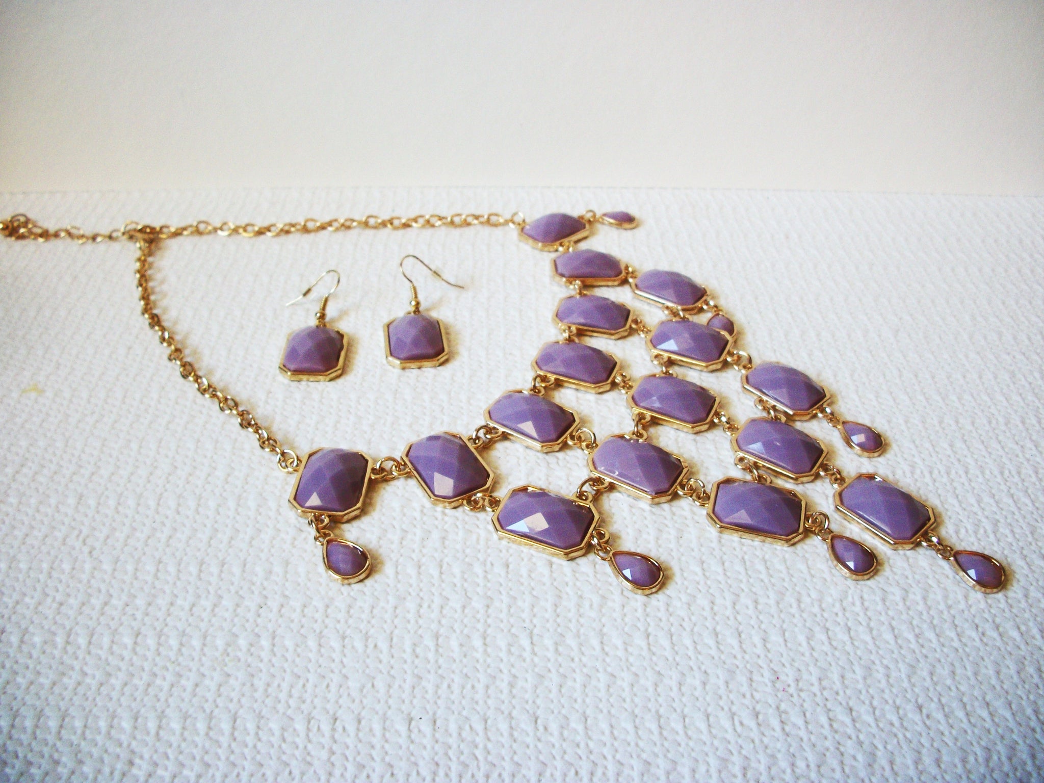 Retro Gold Lavender Statement Necklace Earring Set 82420