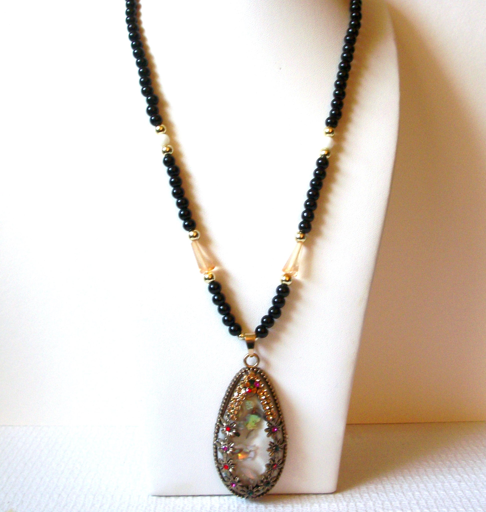 Vintage Black Glass Pearl Pendant Necklace 90520