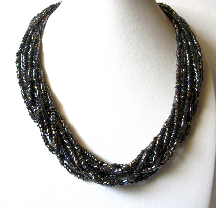 Retro Dark Grey Iridescent Glass Beads Necklace 90920