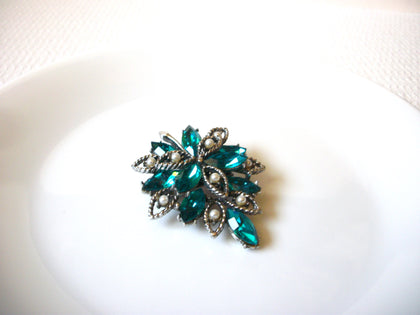 Vintage Silver Teal Green Rhinestone Brooch Pin 91320