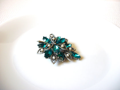 Vintage Silver Teal Green Rhinestone Brooch Pin 91320