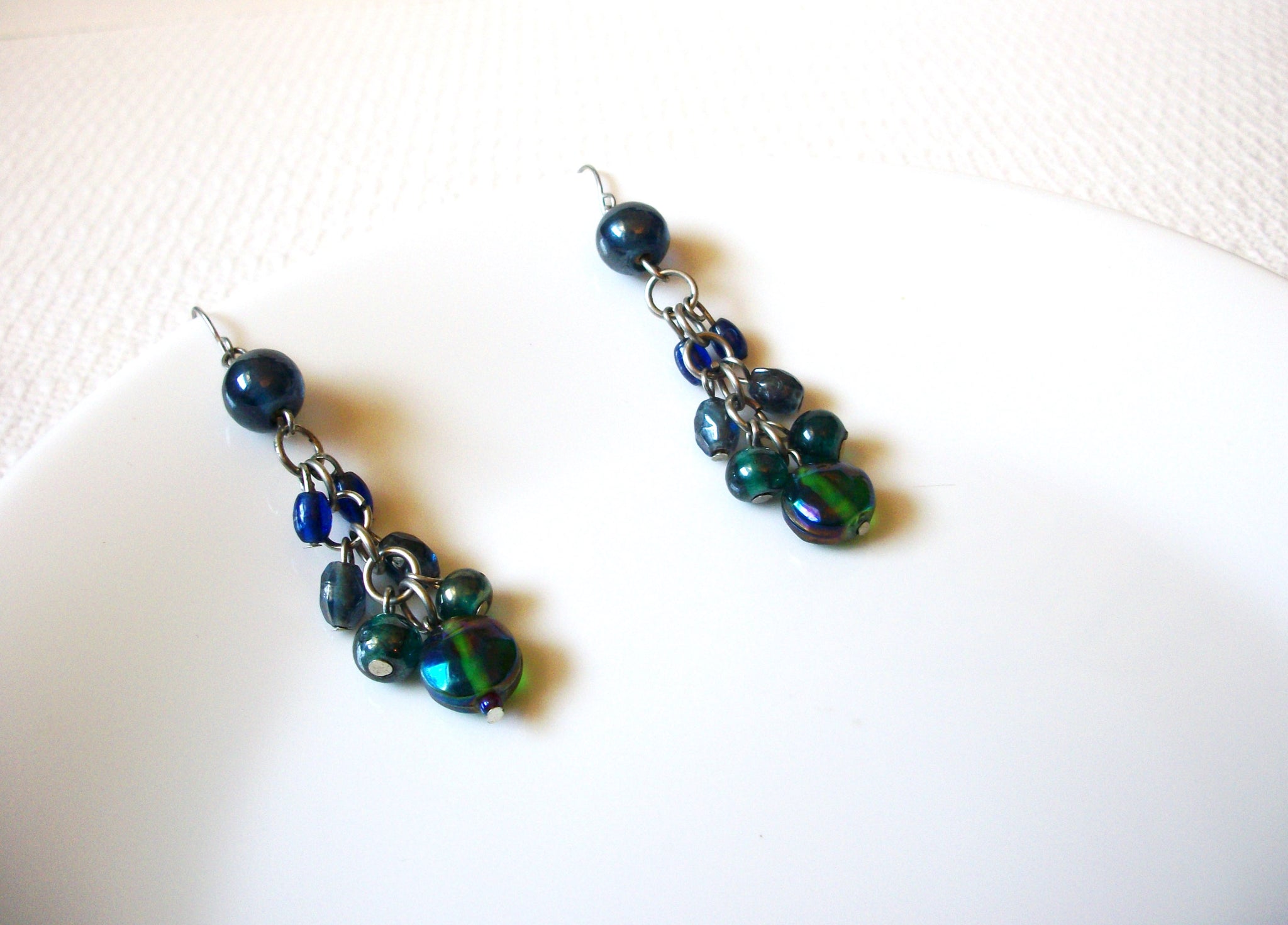 Retro Blue Green Glass Dangle Earrings 91320