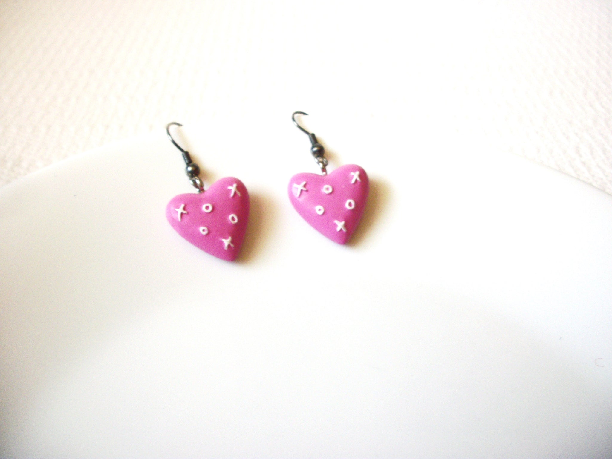 Retro Pink White Heart Earrings 91520