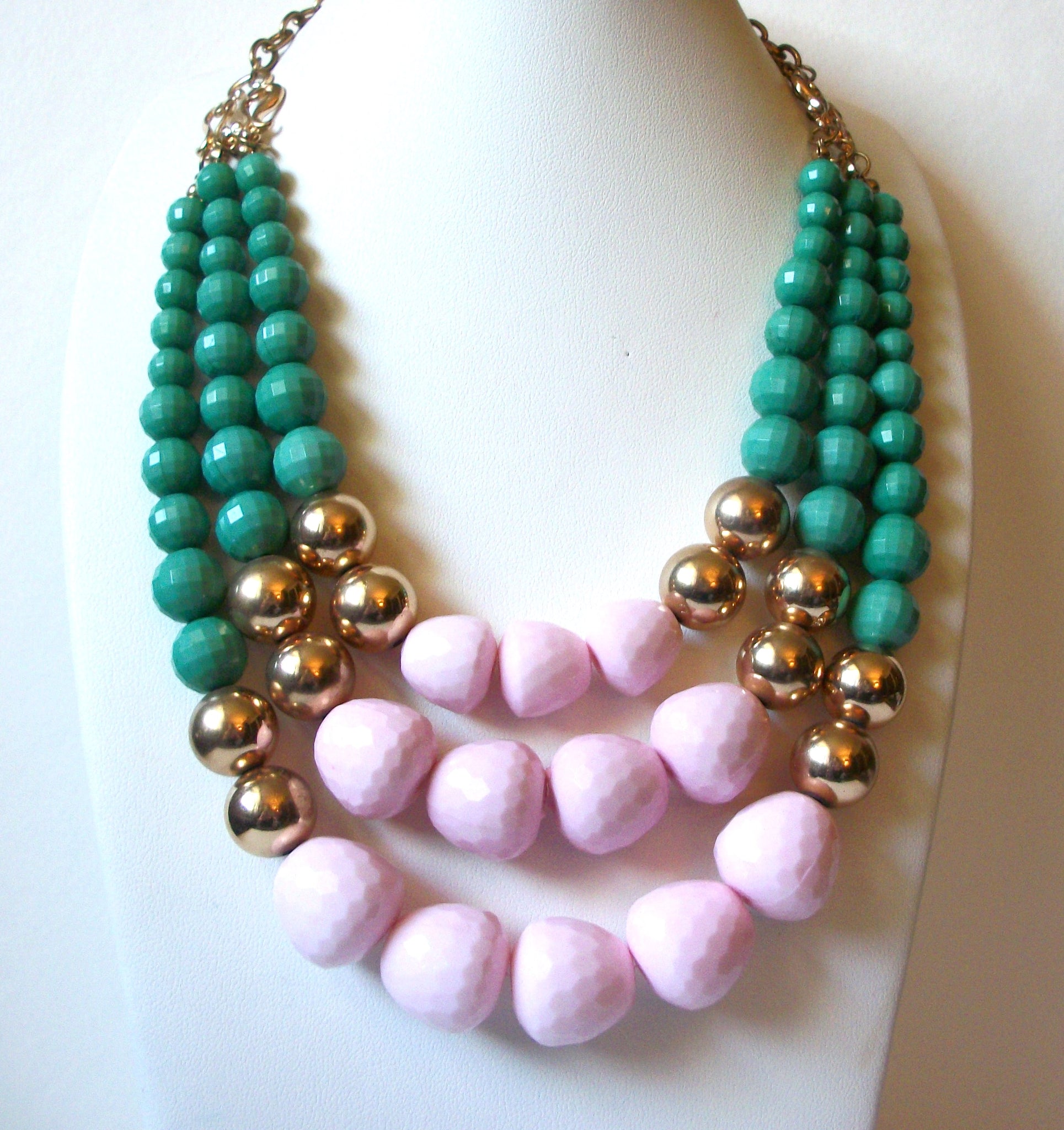 Retro Gold Pale Pink Teal Statement Necklace 92120