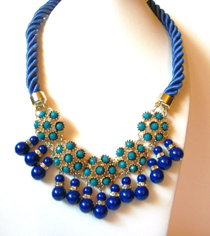 Vintage Marked Blue Gold Statement Necklace 92320