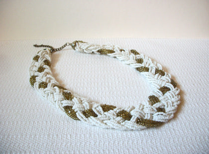 Vintage White Gold Braided Glass Necklace 92320
