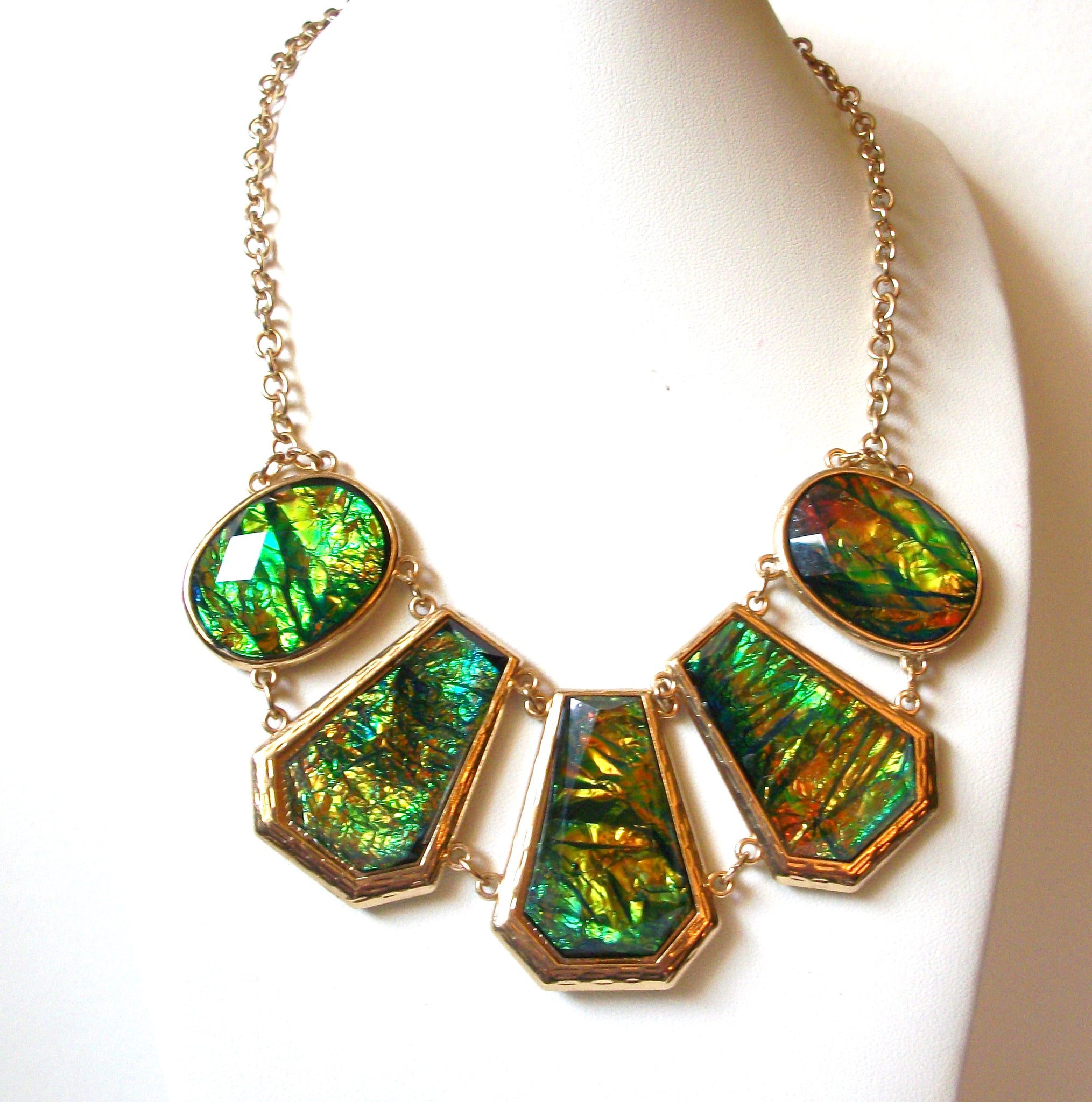 Vintage C Stamped Iridescent Green Gold Statement Necklace 92420