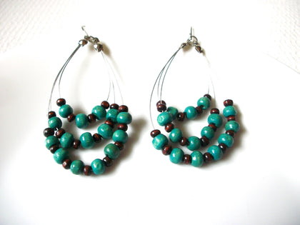 Vintage Bohemian Wood Teal Brown Earrings 92820
