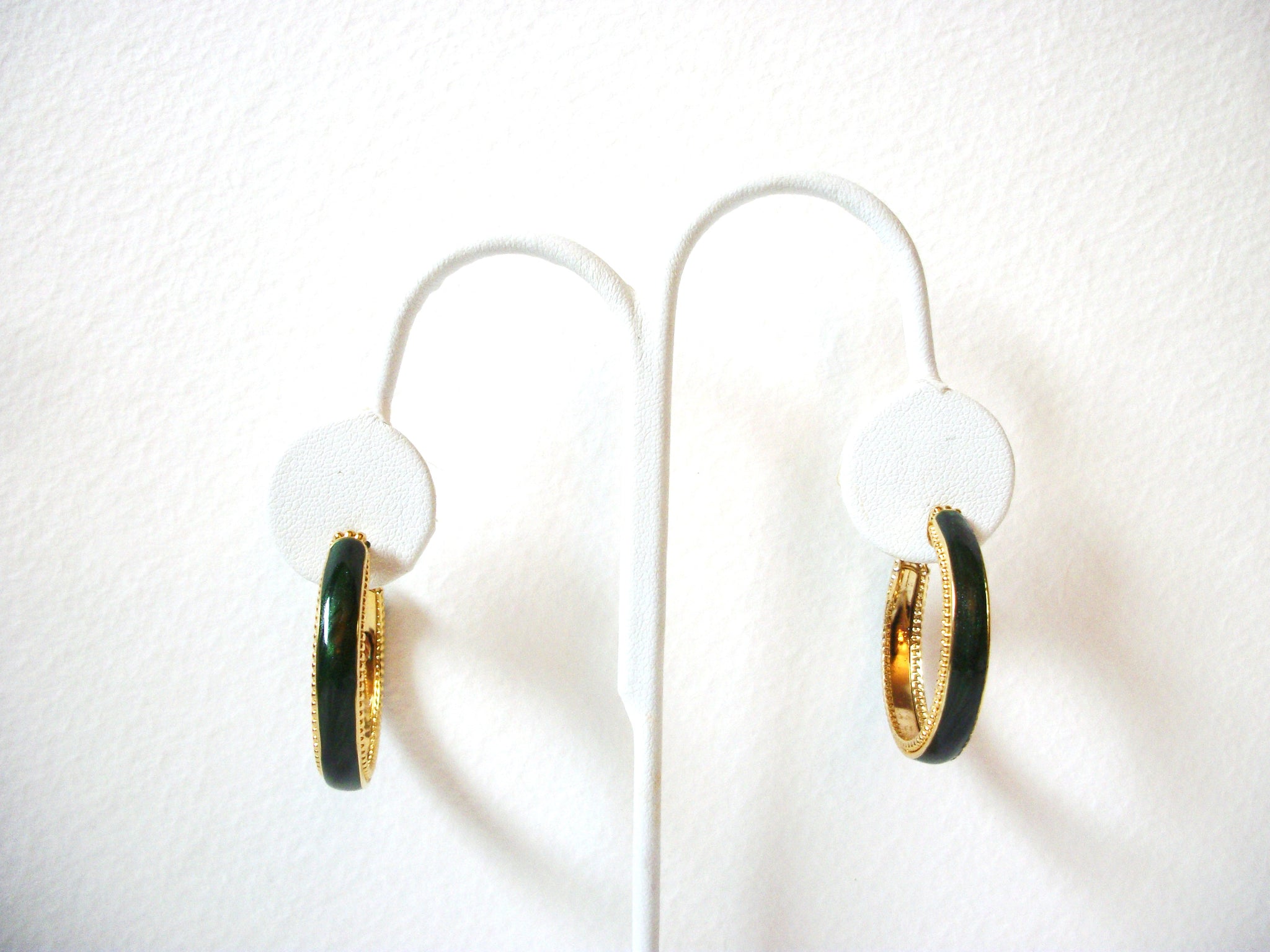 Retro Gold Green Enameled Hoop Earrings 92920