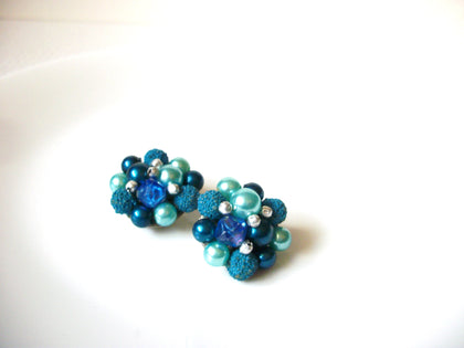 Vintage HONGKONG Blue Glass Cluster Earrings 92720