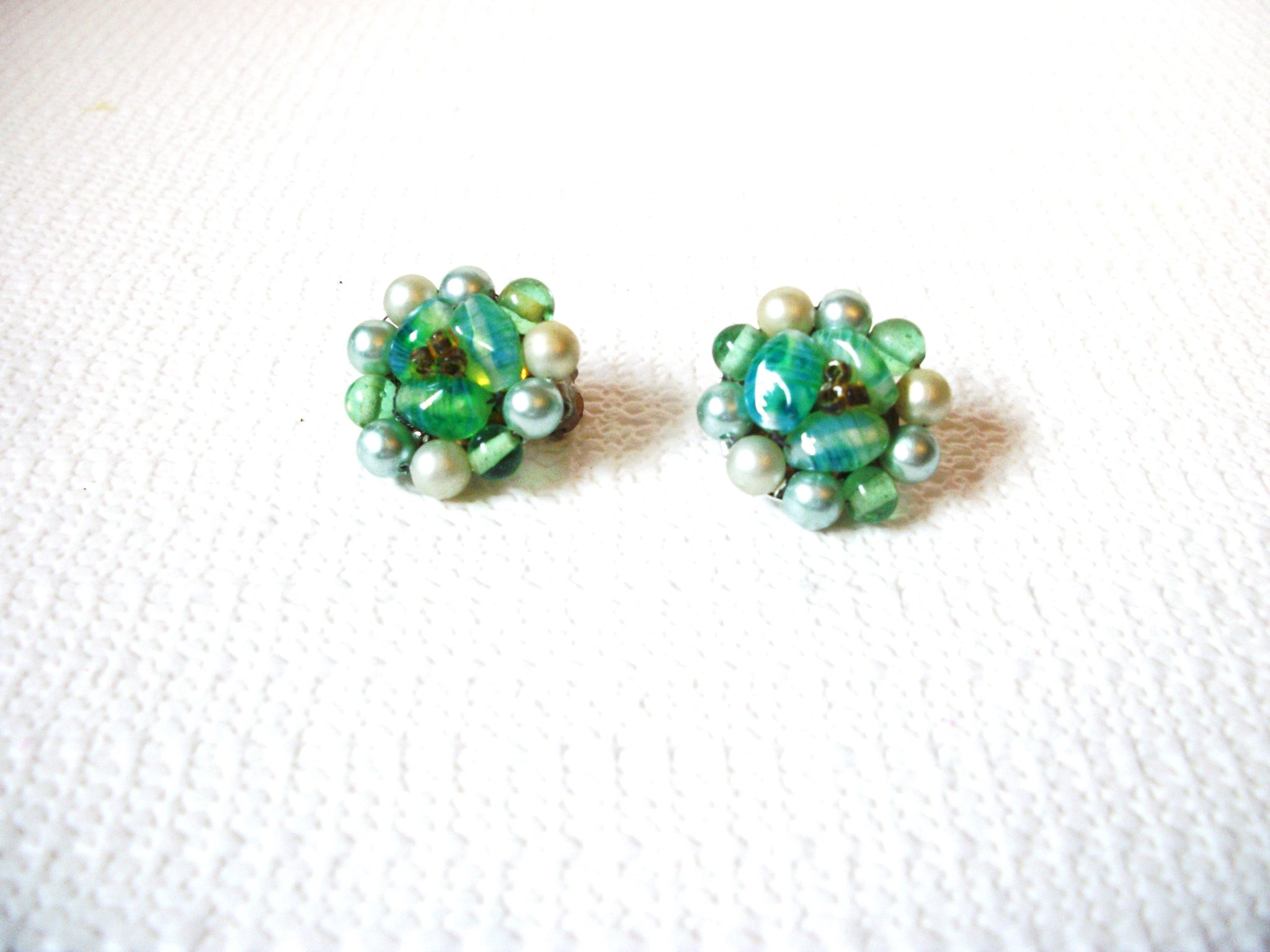 JAPAN Green Glass Cluster Pearl Earrings 100220