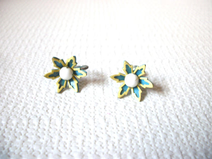 Vintage White Yellow Blue Screw Back Flower Earrings 100220