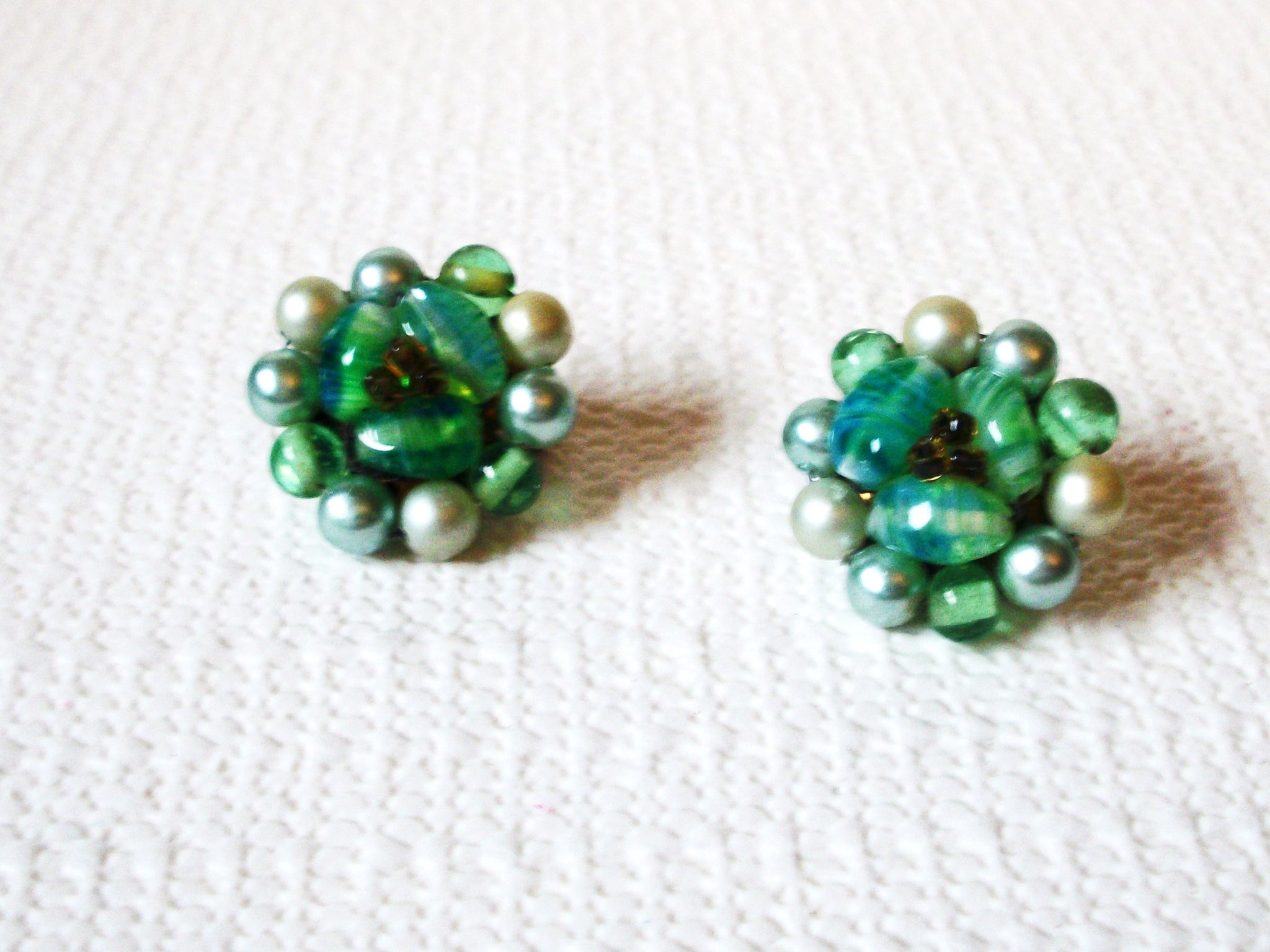 JAPAN Green Glass Cluster Pearl Earrings 100220