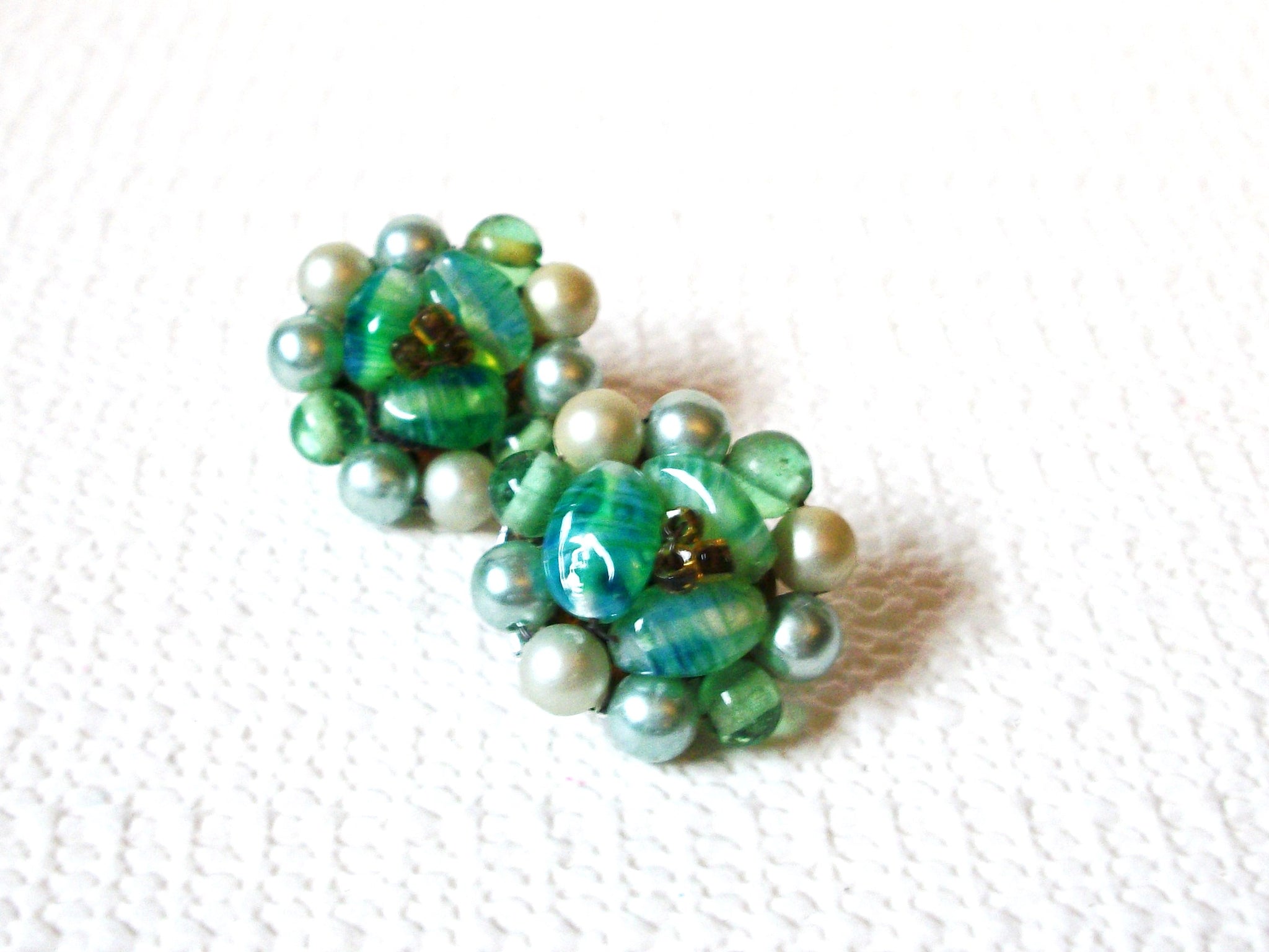 JAPAN Green Glass Cluster Pearl Earrings 100220