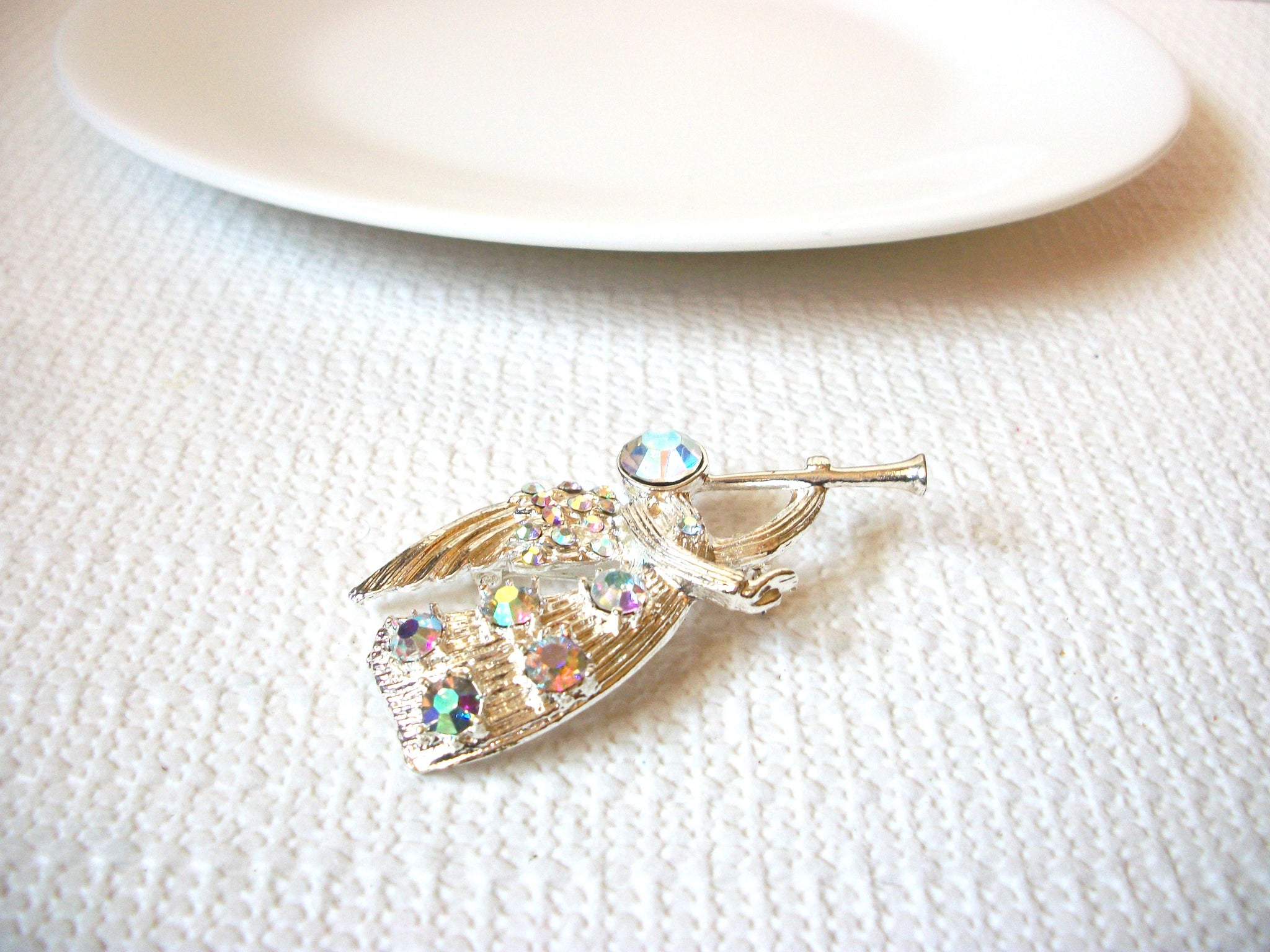 Vintage 1950s AB Crystal Brooch Angel Pin 100220