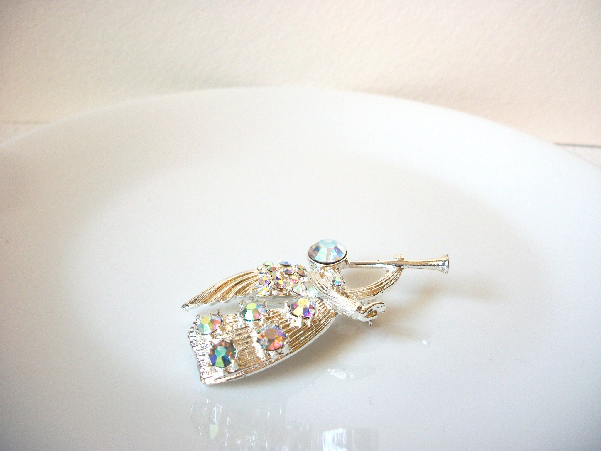 Vintage 1950s AB Crystal Brooch Angel Pin 100220