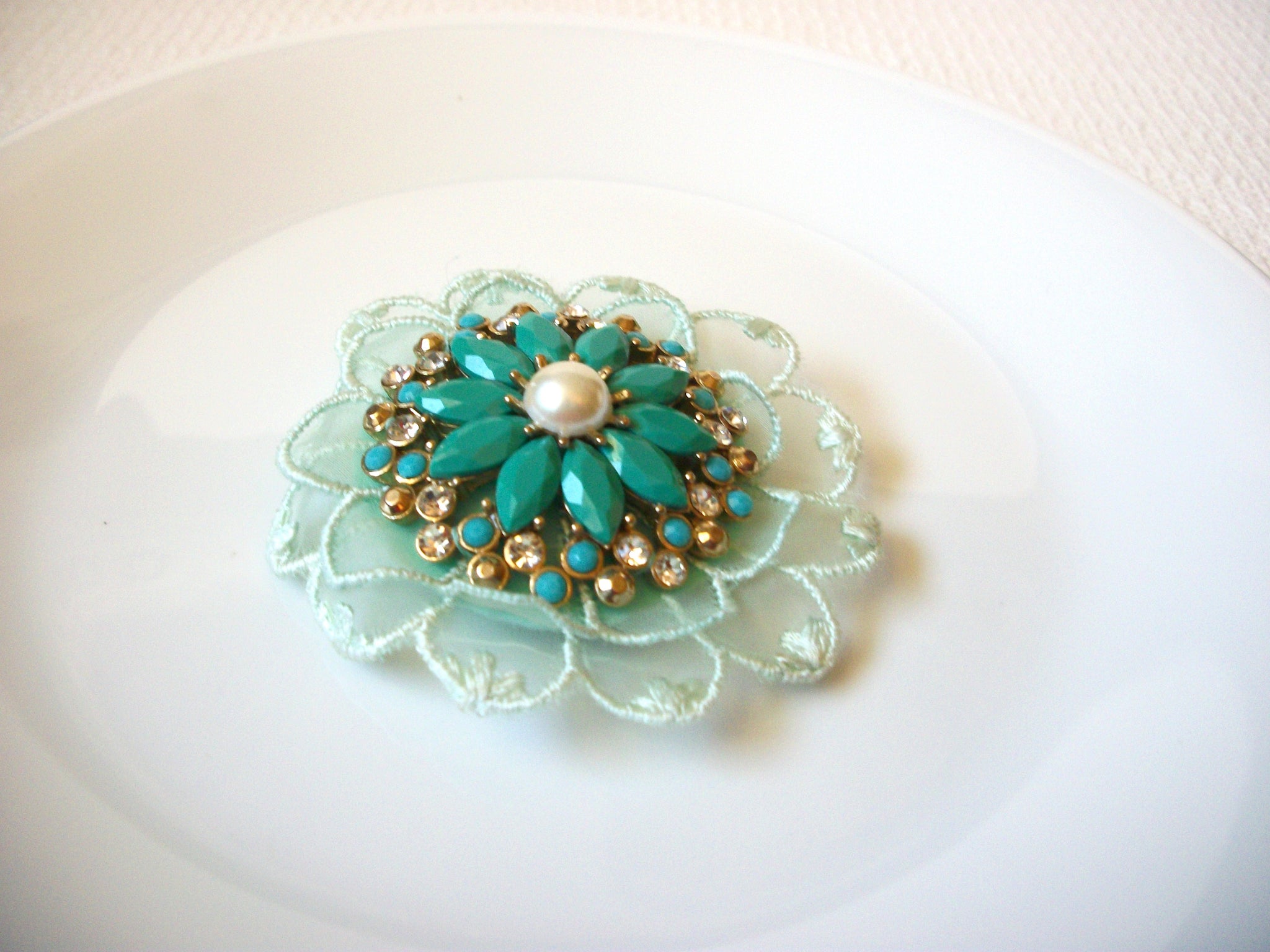 Vintage Pearl Blue Rhinestones Hand Made Brooch Hair Clip 100320