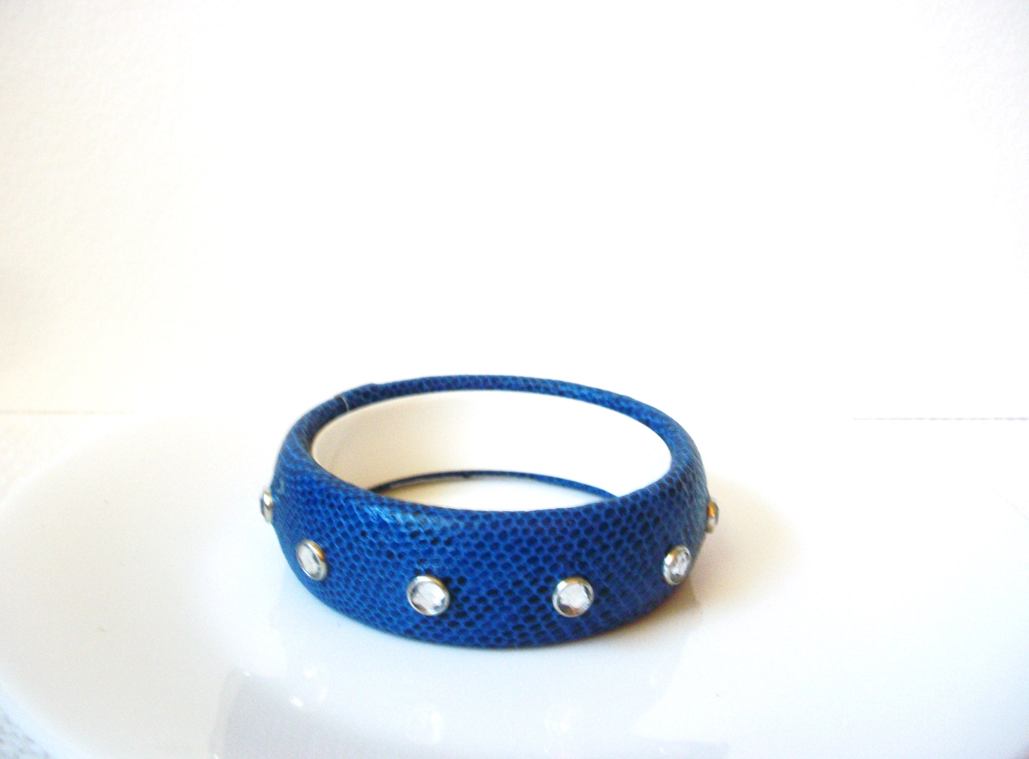 Vintage Blue Leather Rhinestones Bangle Bracelet 100420