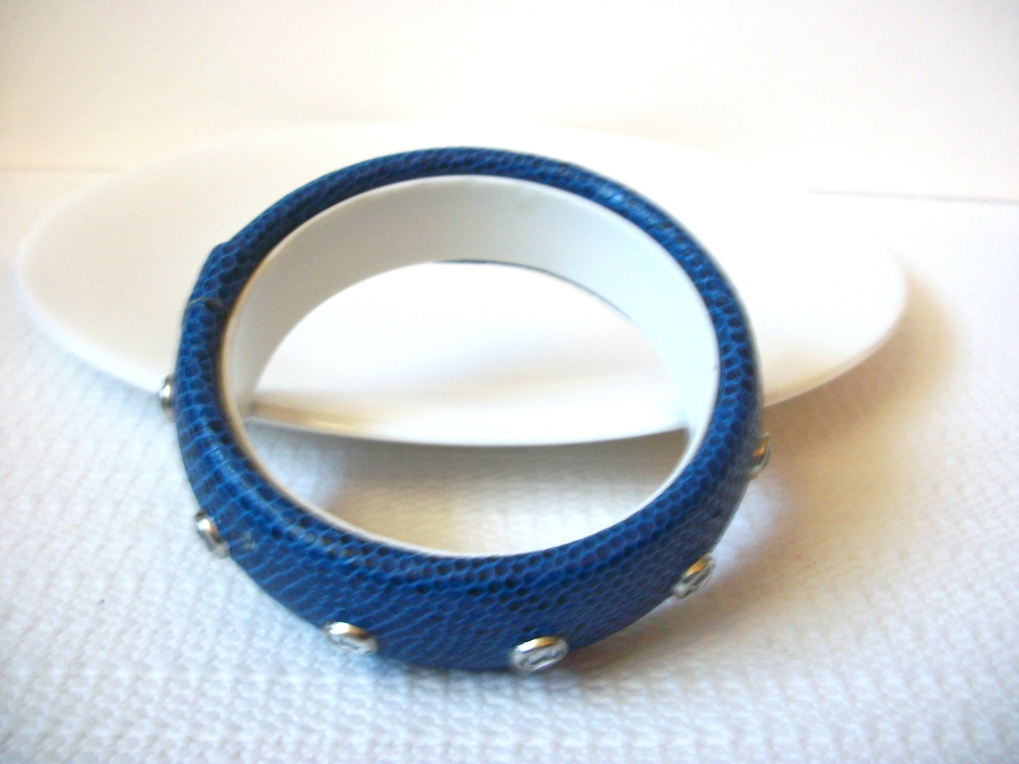 Vintage Blue Leather Rhinestones Bangle Bracelet 100420