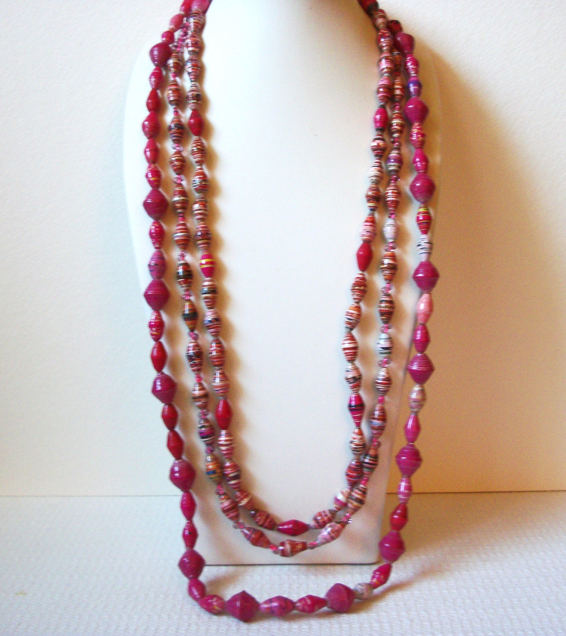 Vintage Long Pink African Paper Beads Necklace 100420