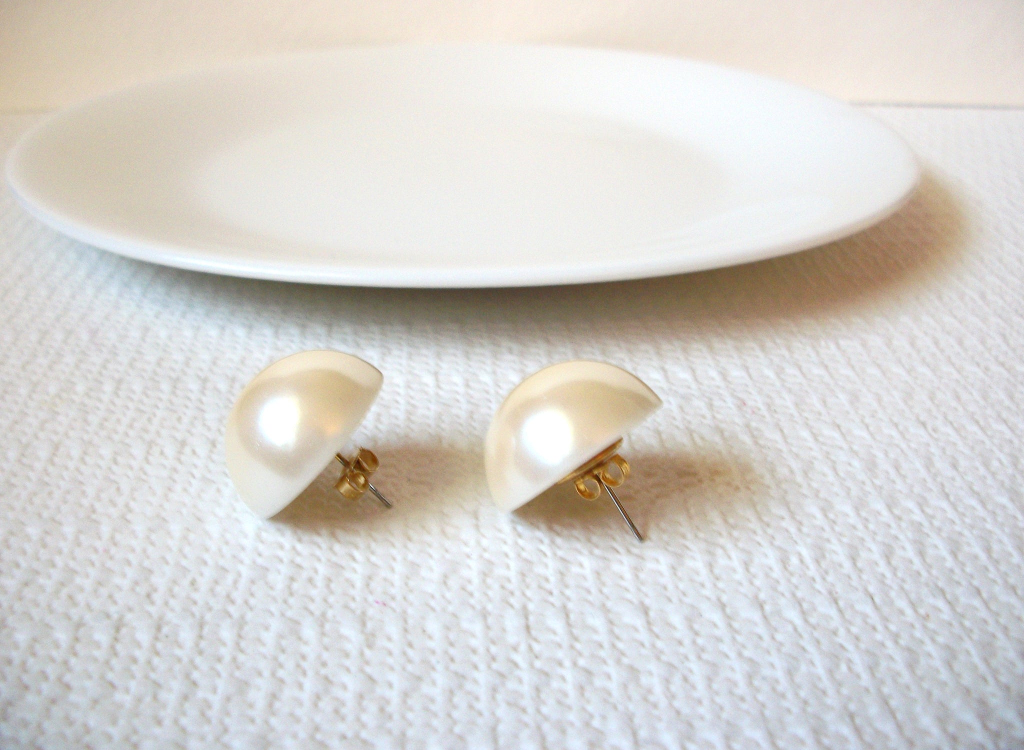 Vintage Faux Pearl Button Dome Earrings 100620