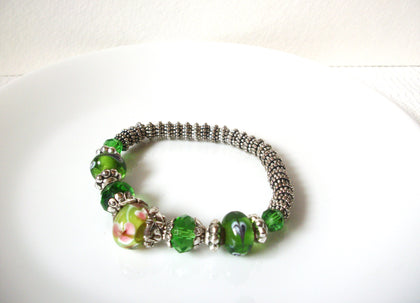 Retro Green Silver Lamp Work Glass Bracelet 100620
