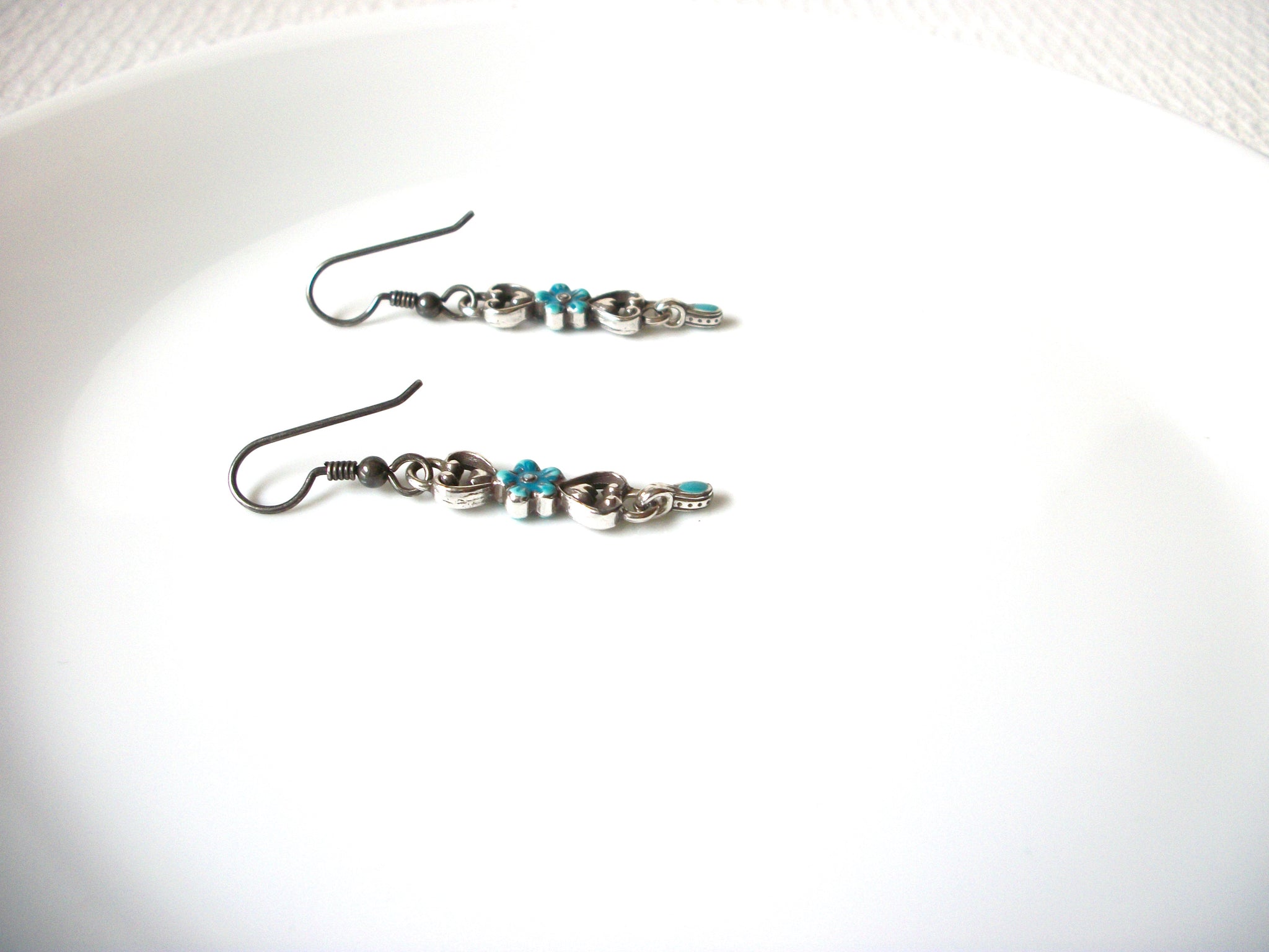 Retro Blue Silver Flower Earrings 100820
