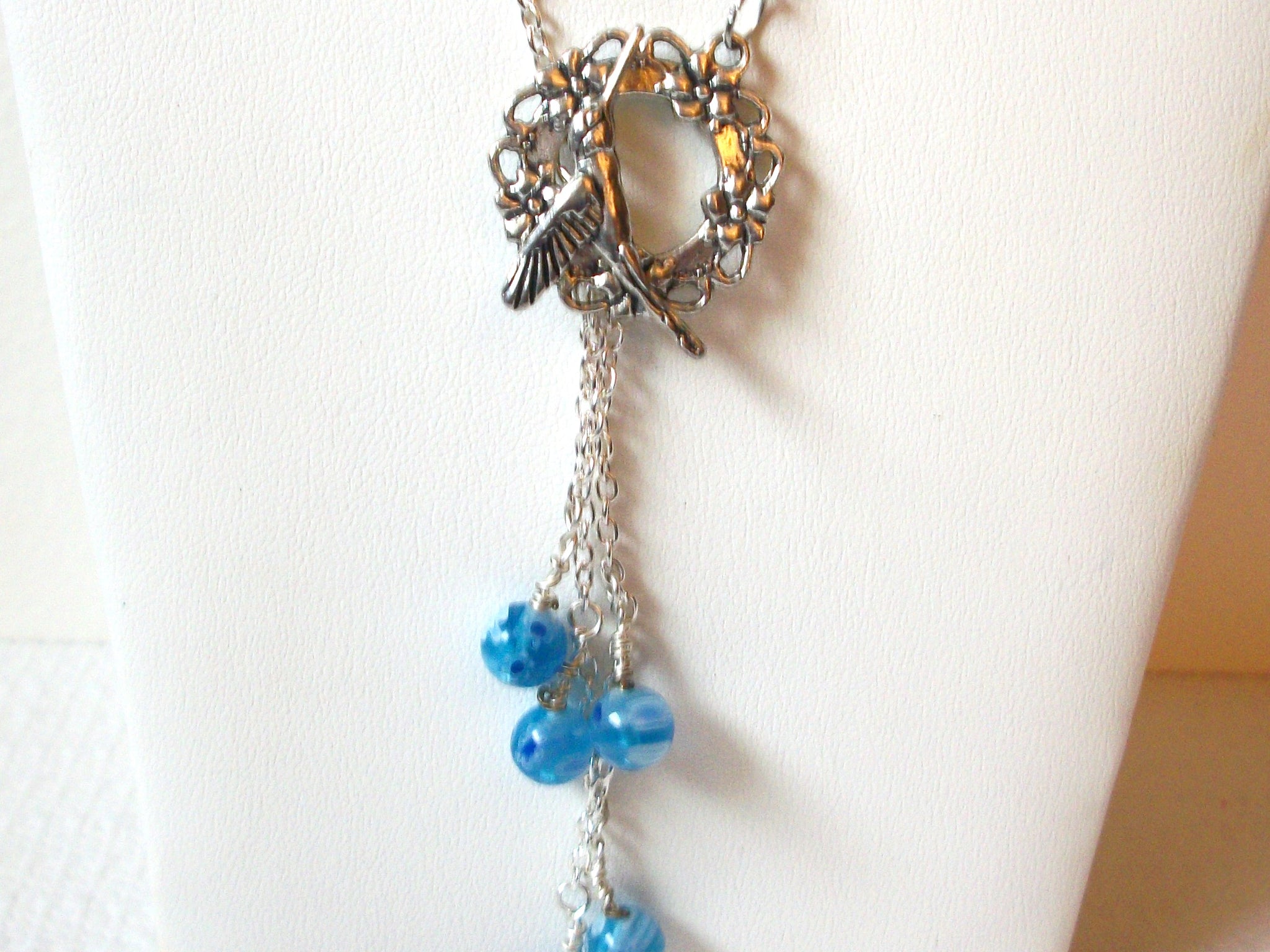 Retro Blue Glass Hummingbird Necklace 100820