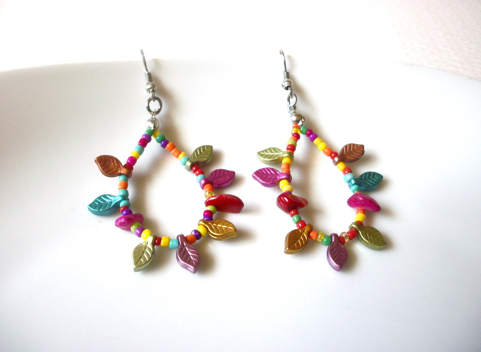 Retro Colorful Old Plastic Resin Leaves Dangle Earrings 92816