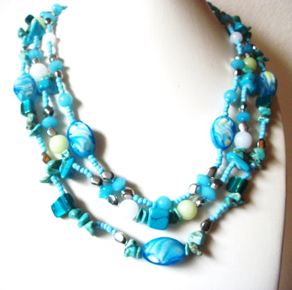 Vintage Blue Frost Lime Glass Silver Metal Beads Necklace 123116