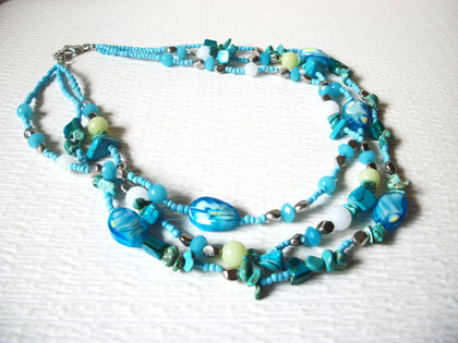 Vintage Blue Frost Lime Glass Silver Metal Beads Necklace 123116