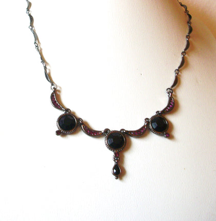 Vintage HC Silver Black Pink Rhinestone 16" Necklace 123016