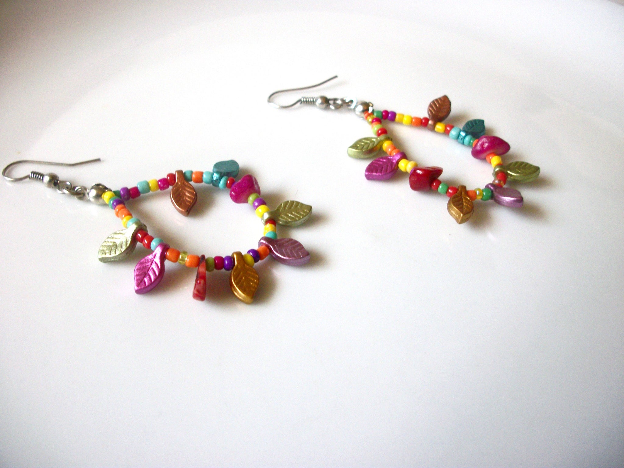 Retro Colorful Old Plastic Resin Leaves Dangle Earrings 92816